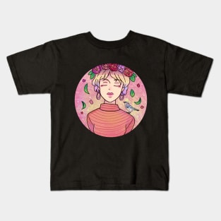 Aesthetic Anime Girl With bird on Shoulder Kids T-Shirt